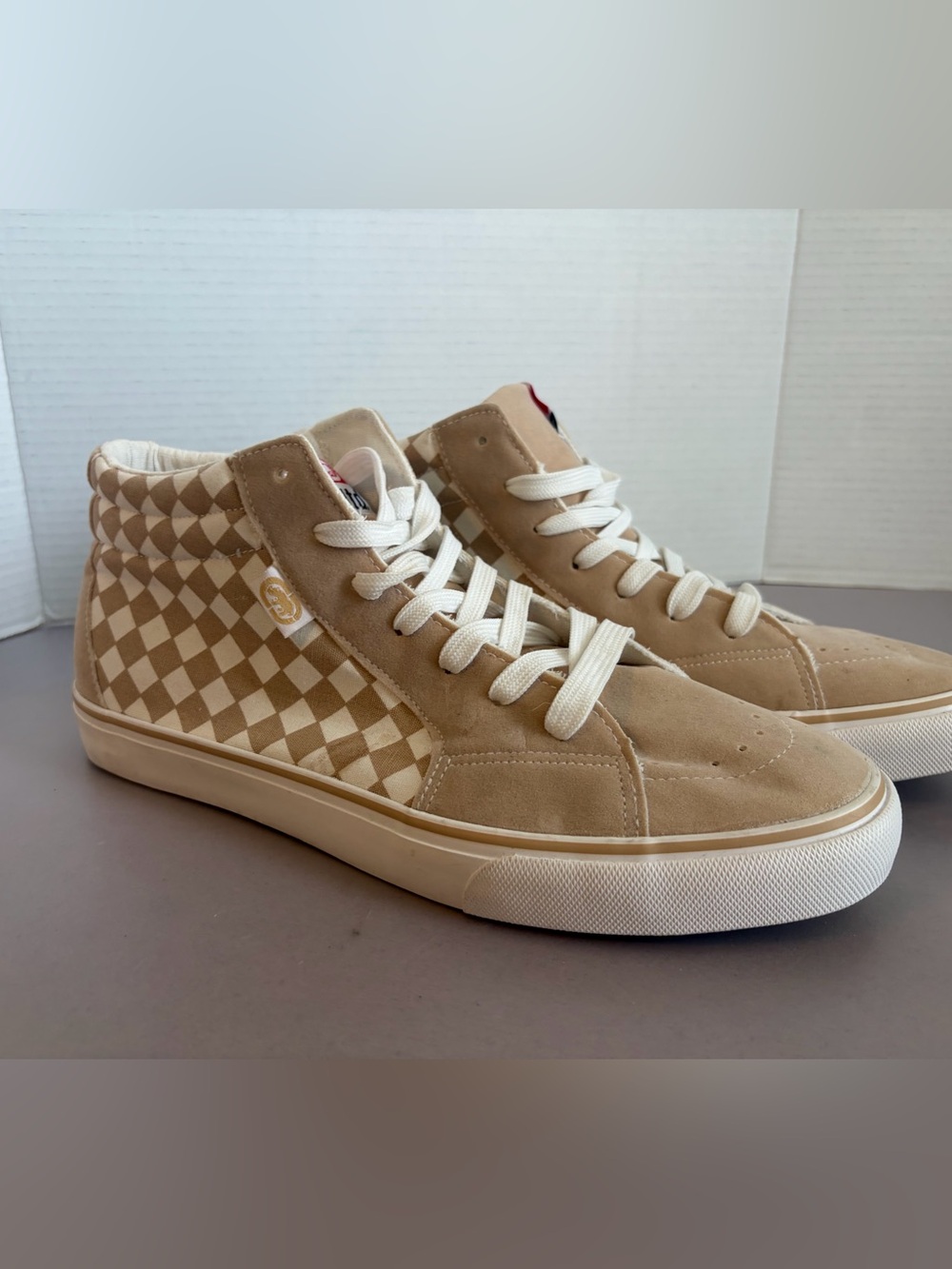 United Nude Beige Checkerboard High-Top Sneakers